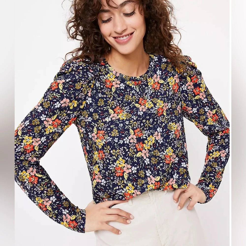 NWT Loft Floral Pleated Puff Sleeve Top Size Large Petite LP_3